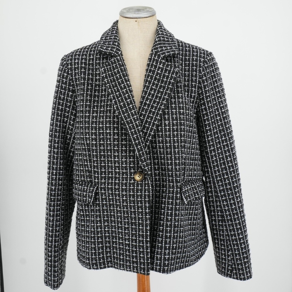 Savanna Jane Sparkly Tweed Blazer Women L Black White Grid Professional Jacket